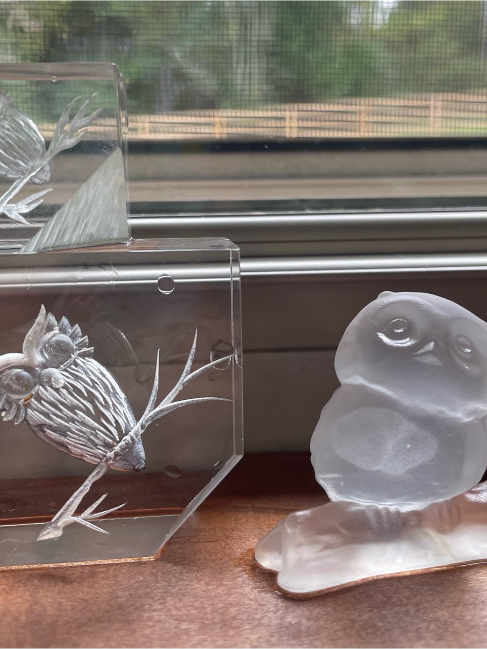 Vintage Clear Glass Owl Figurines - Frosted and Transparent